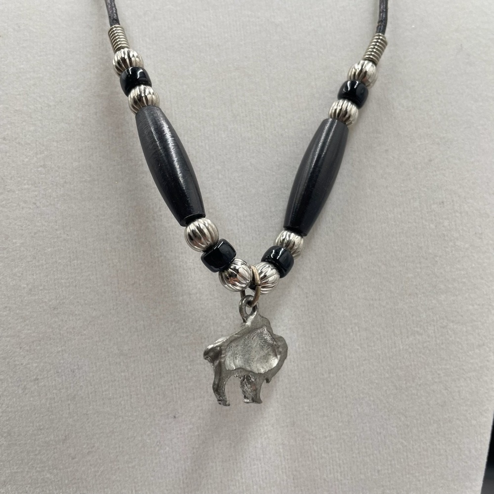 Vintage Black Silver-Tone Buffalo-Shaped Beaded Charm Necklace - Size 23"